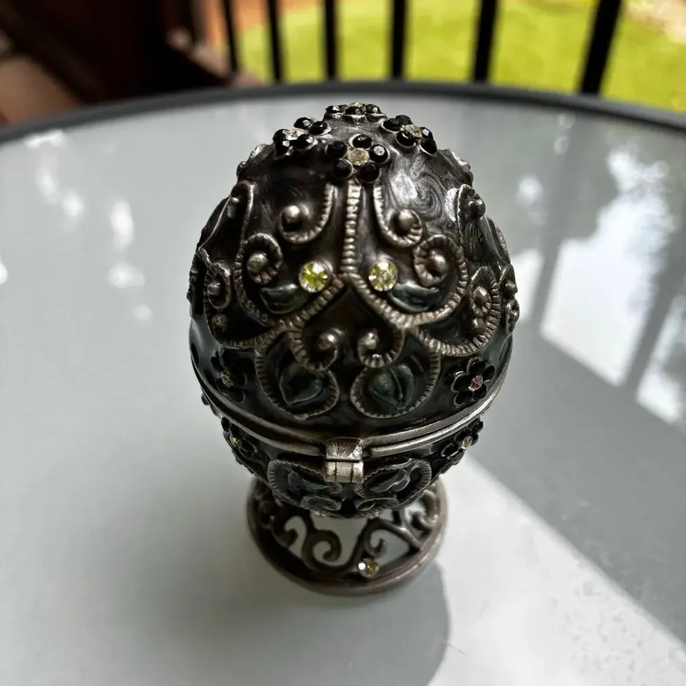 Vintage Jeweled Egg Trinket Box Hinged Pewter Rhinestone Decorative Keepsake